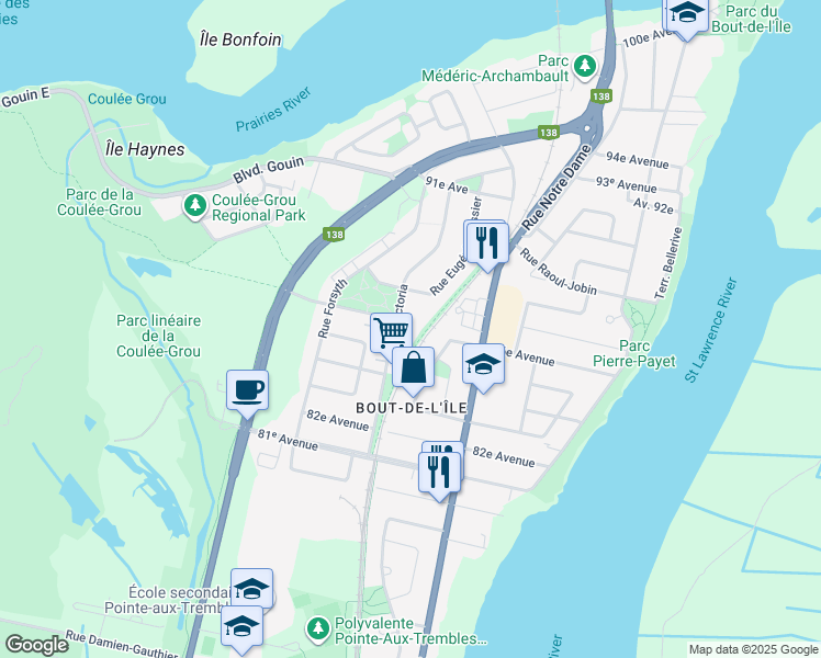 map of restaurants, bars, coffee shops, grocery stores, and more near 15858 Rue Victoria in Montréal