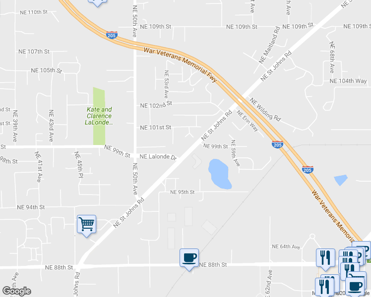 map of restaurants, bars, coffee shops, grocery stores, and more near 9810 Northeast Saint Johns Road in Vancouver