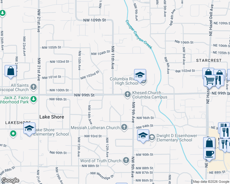 map of restaurants, bars, coffee shops, grocery stores, and more near 9907 Northwest 11th Avenue in Vancouver