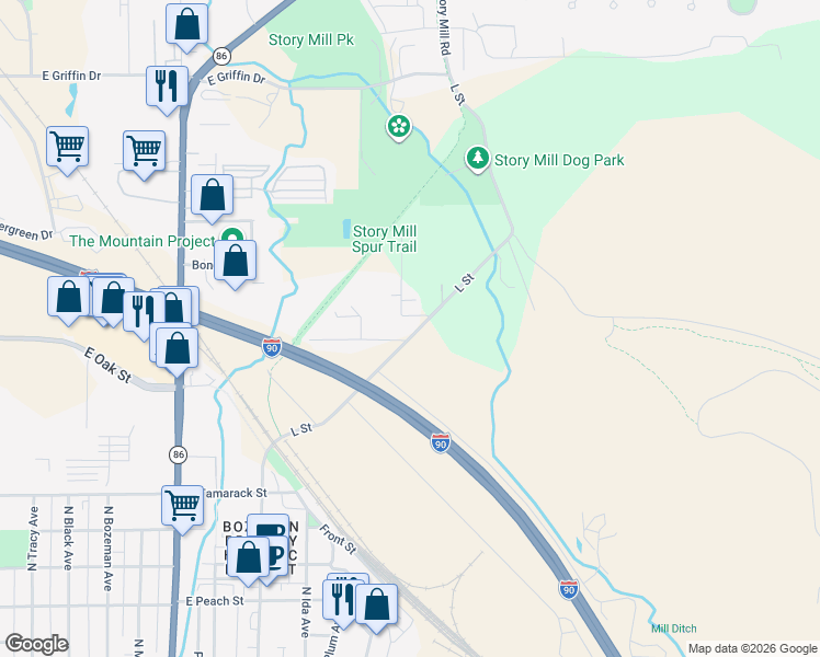 map of restaurants, bars, coffee shops, grocery stores, and more near 907 L Street in Bozeman