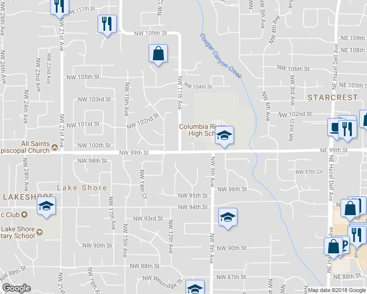 map of restaurants, bars, coffee shops, grocery stores, and more near 9907 Northwest 11th Avenue in Vancouver