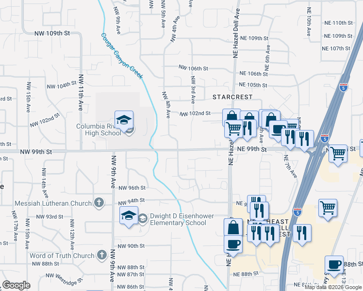 map of restaurants, bars, coffee shops, grocery stores, and more near 9906 Northwest 3rd Court in Vancouver