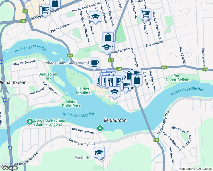 map of restaurants, bars, coffee shops, grocery stores, and more near 821 Rue Saint François Xavier in Terrebonne