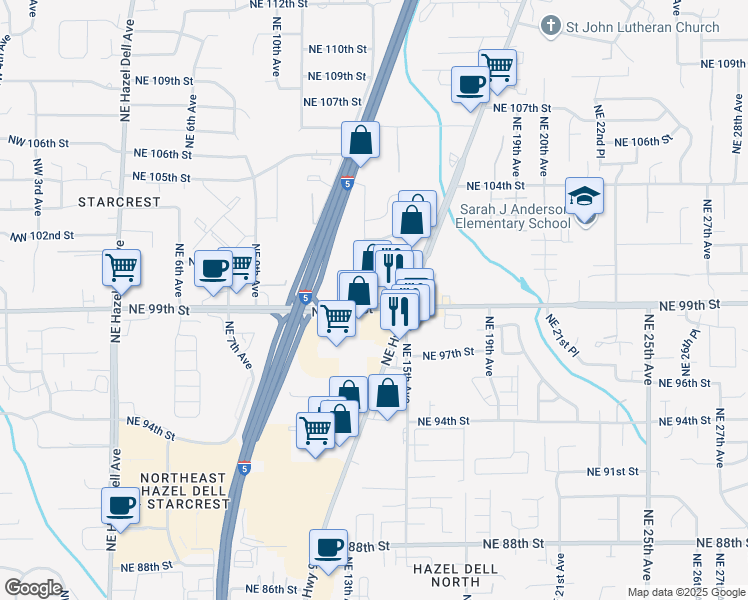 map of restaurants, bars, coffee shops, grocery stores, and more near 1316 Northeast 99th Street in Vancouver