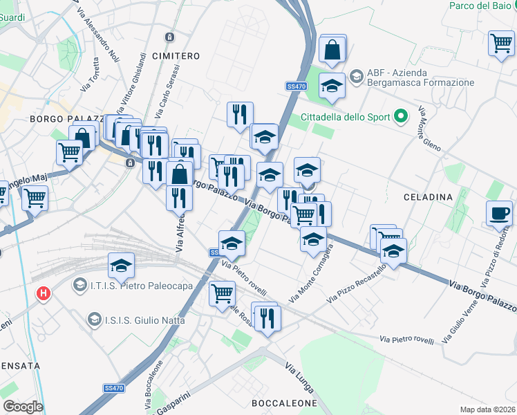 map of restaurants, bars, coffee shops, grocery stores, and more near 64 Via Andrea Gritti in Bergamo