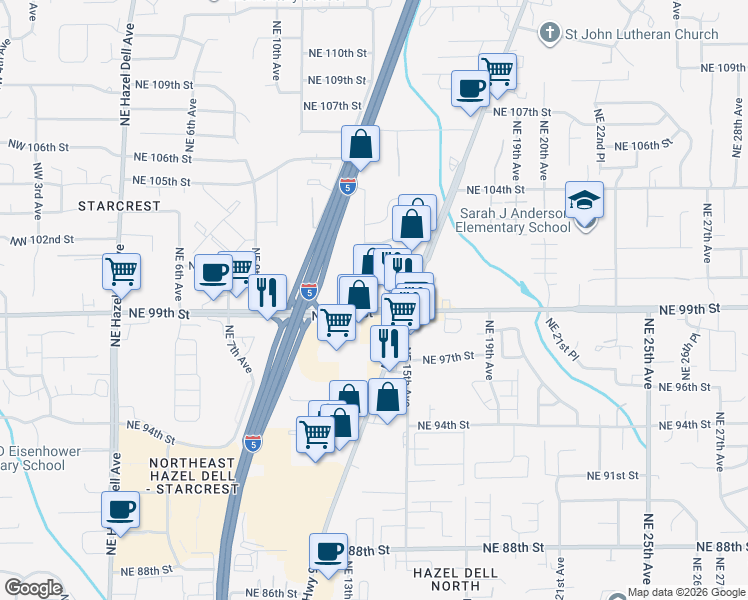 map of restaurants, bars, coffee shops, grocery stores, and more near 1316 Northeast 99th Street in Vancouver