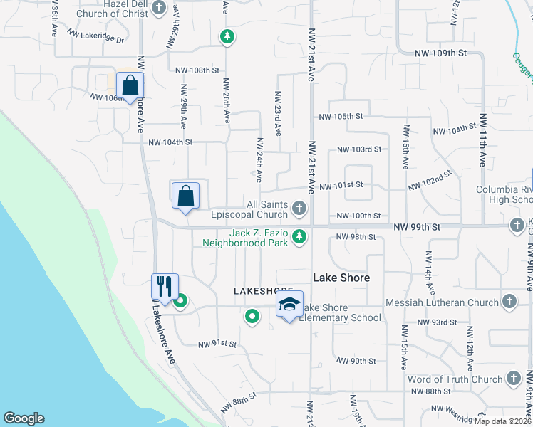 map of restaurants, bars, coffee shops, grocery stores, and more near 10007 Northwest 24th Court in Vancouver