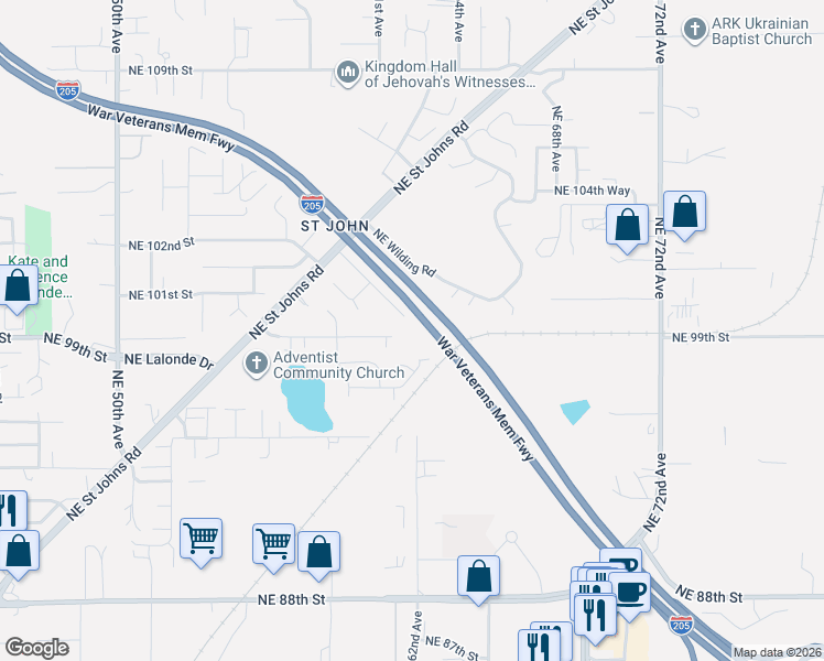 map of restaurants, bars, coffee shops, grocery stores, and more near 6107 Northeast Erin Way in Vancouver