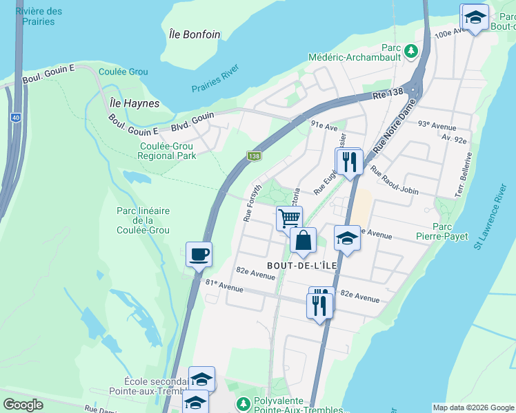 map of restaurants, bars, coffee shops, grocery stores, and more near 1124 Rue de la Famille-Dubreuil in Montréal