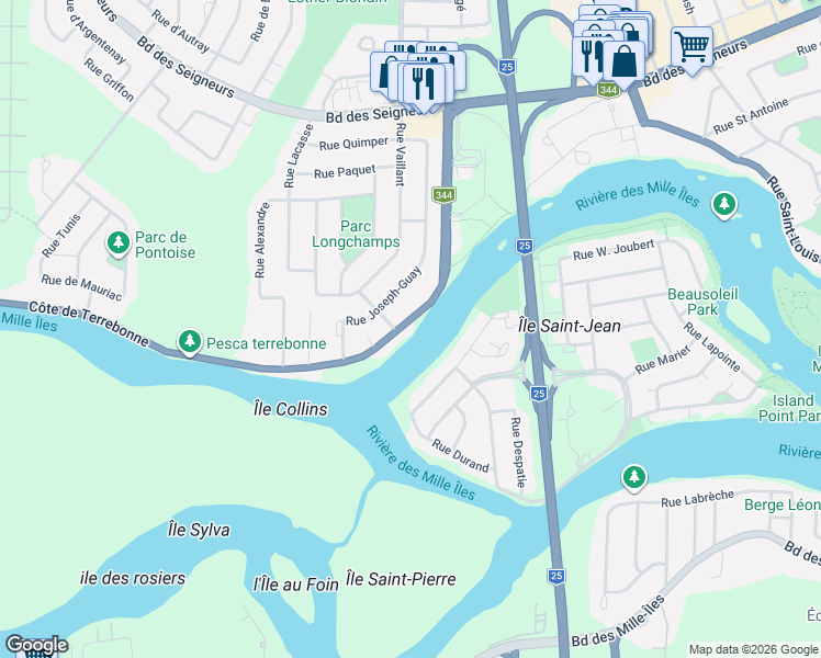 map of restaurants, bars, coffee shops, grocery stores, and more near 4700 Côte de Terrebonne in Terrebonne