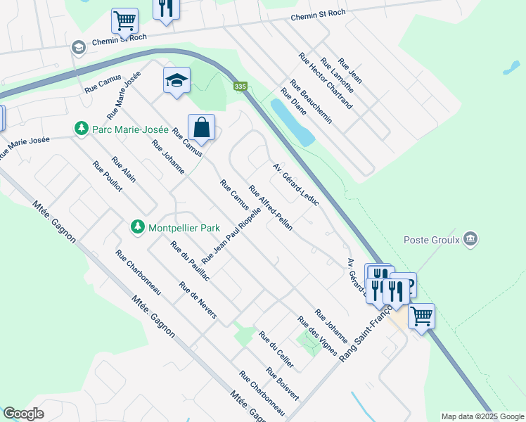 map of restaurants, bars, coffee shops, grocery stores, and more near 1090 Rue Jean Paul Riopelle in Terrebonne