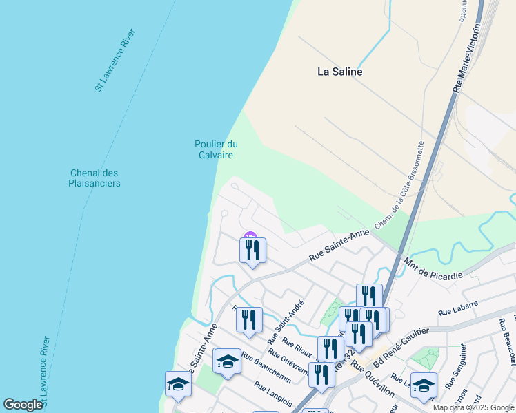 map of restaurants, bars, coffee shops, grocery stores, and more near 230 Rue du Parcours in Varennes