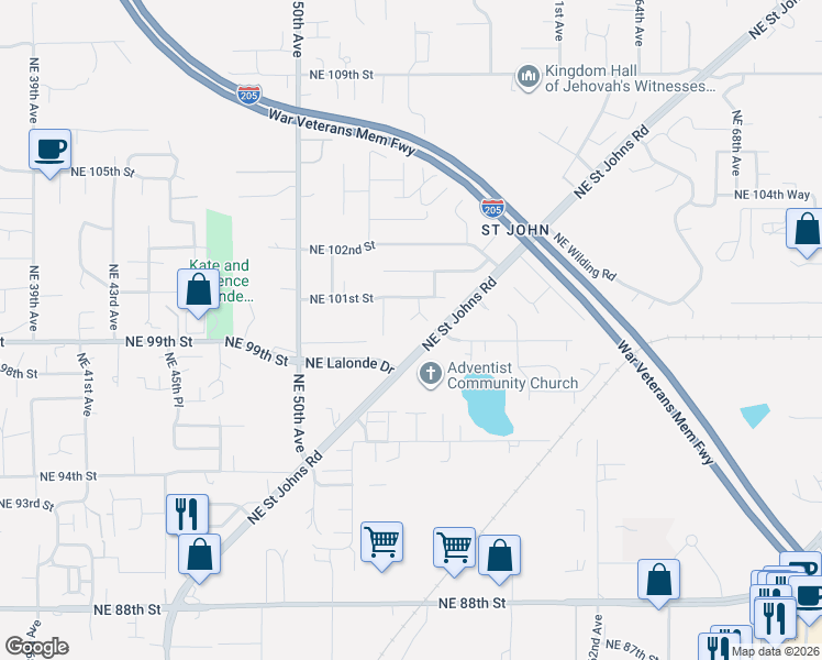map of restaurants, bars, coffee shops, grocery stores, and more near 9810 Northeast Saint Johns Road in Vancouver