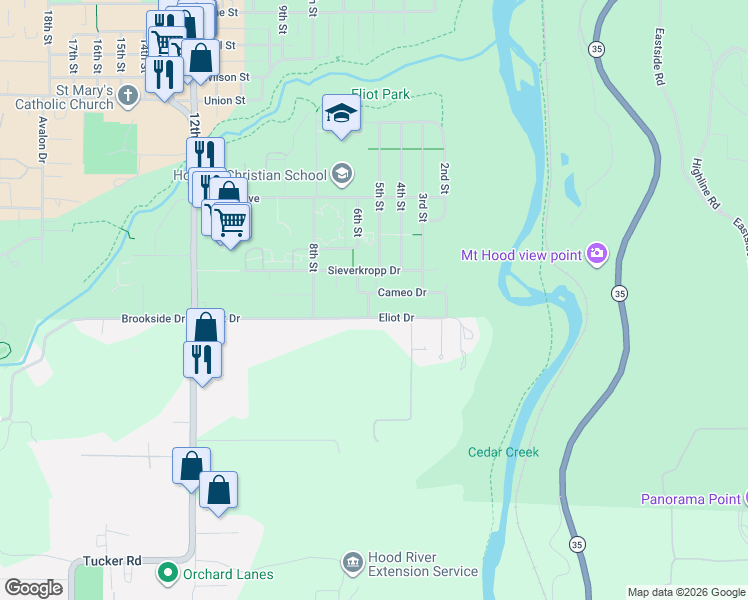 map of restaurants, bars, coffee shops, grocery stores, and more near 3026 Eliot Drive in Hood River