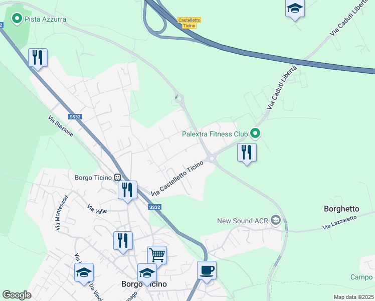 map of restaurants, bars, coffee shops, grocery stores, and more near 47 Via Castelletto Ticino in Borgo Ticino