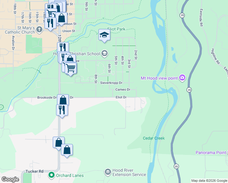 map of restaurants, bars, coffee shops, grocery stores, and more near 517 Cameo Drive in Hood River