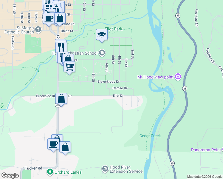 map of restaurants, bars, coffee shops, grocery stores, and more near 517 Cameo Drive in Hood River