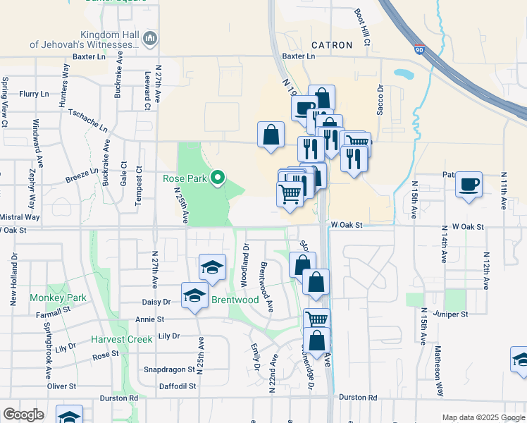 map of restaurants, bars, coffee shops, grocery stores, and more near 2219 West Oak Street in Bozeman