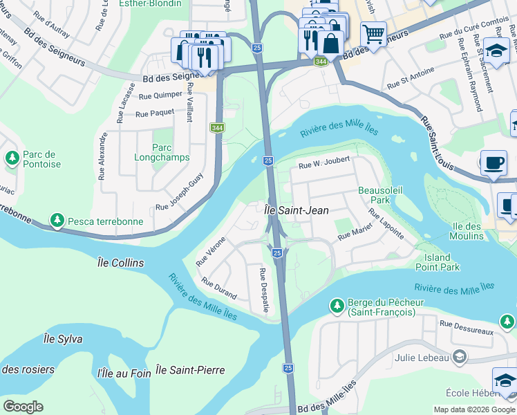 map of restaurants, bars, coffee shops, grocery stores, and more near 489 Rue de Vérone in Terrebonne