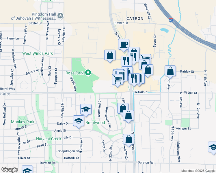 map of restaurants, bars, coffee shops, grocery stores, and more near 2219 West Oak Street in Bozeman