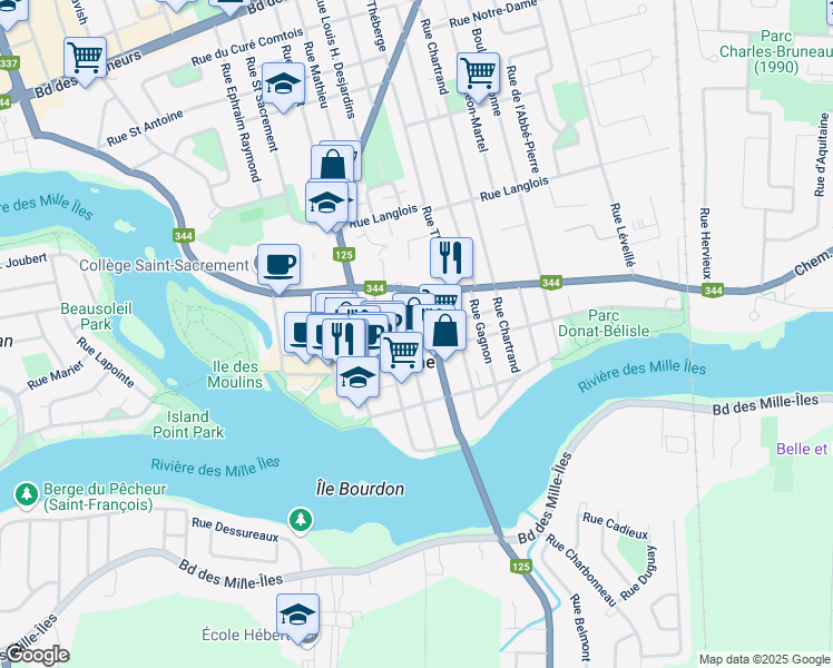 map of restaurants, bars, coffee shops, grocery stores, and more near 636 Rue Saint François Xavier in Terrebonne
