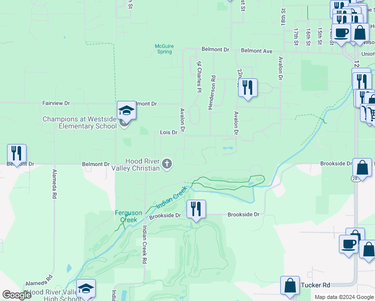 map of restaurants, bars, coffee shops, grocery stores, and more near 966 Hood View Court in Hood River