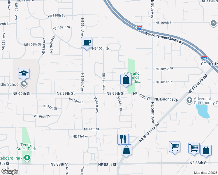 map of restaurants, bars, coffee shops, grocery stores, and more near 4314 Northeast 101st Street in Vancouver