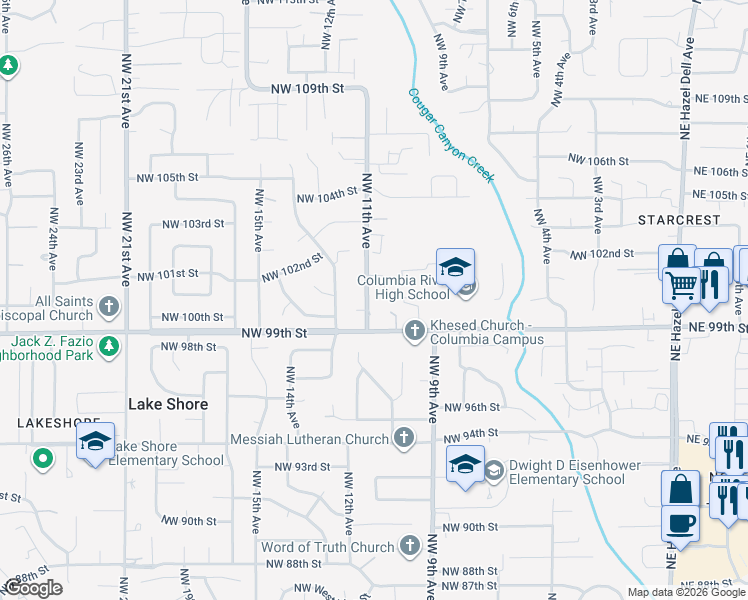 map of restaurants, bars, coffee shops, grocery stores, and more near 10101 Northwest 11th Avenue in Vancouver