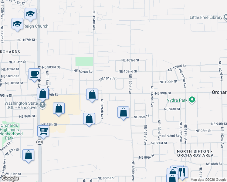 map of restaurants, bars, coffee shops, grocery stores, and more near 10000 Northeast 128th Avenue in Vancouver