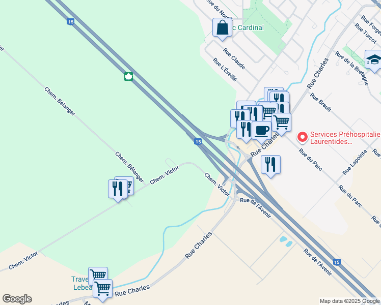 map of restaurants, bars, coffee shops, grocery stores, and more near 17255 Chemin Victor in Mirabel