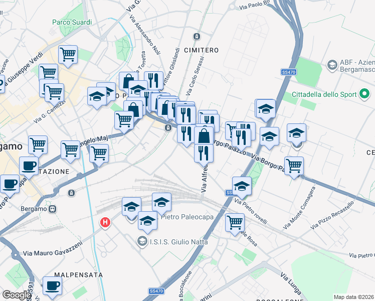 map of restaurants, bars, coffee shops, grocery stores, and more near 14 Via Franchino Gaffurio in Bergamo