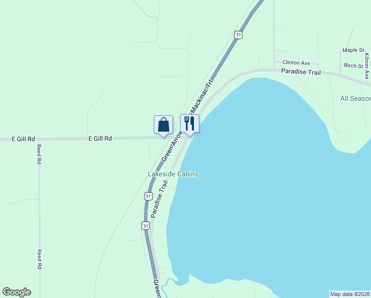 map of restaurants, bars, coffee shops, grocery stores, and more near 6472 Paradise Trail in Carp Lake