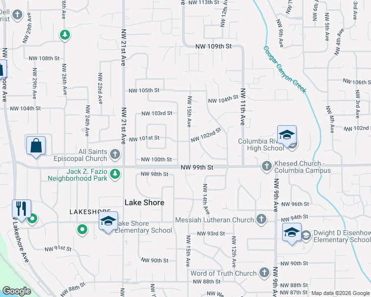 map of restaurants, bars, coffee shops, grocery stores, and more near 10010 Northwest 15th Avenue in Vancouver