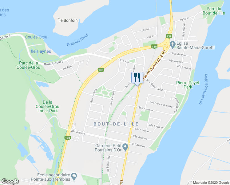 map of restaurants, bars, coffee shops, grocery stores, and more near 15996 Rue Victoria in Montréal