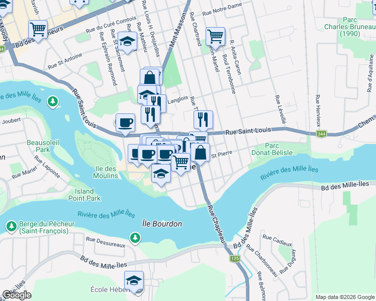 map of restaurants, bars, coffee shops, grocery stores, and more near 631 Rue Saint François Xavier in Terrebonne