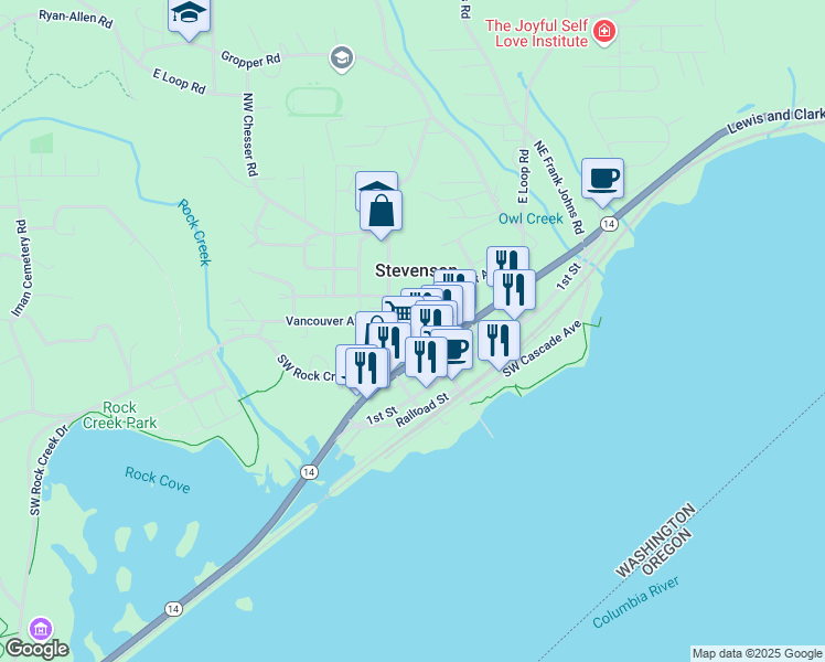 map of restaurants, bars, coffee shops, grocery stores, and more near 240 Northwest Vancouver Avenue in Stevenson