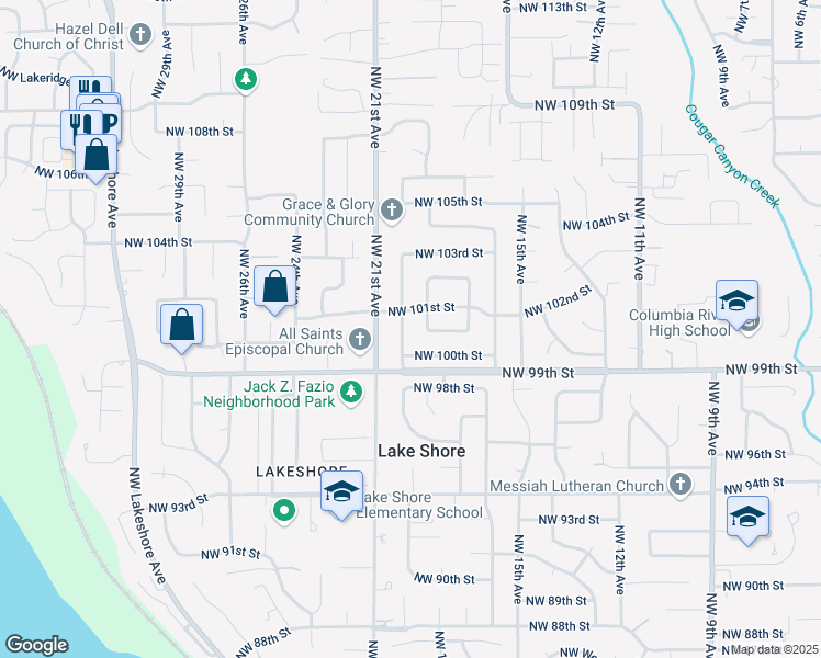 map of restaurants, bars, coffee shops, grocery stores, and more near 1907 Northwest 101st Street in Vancouver