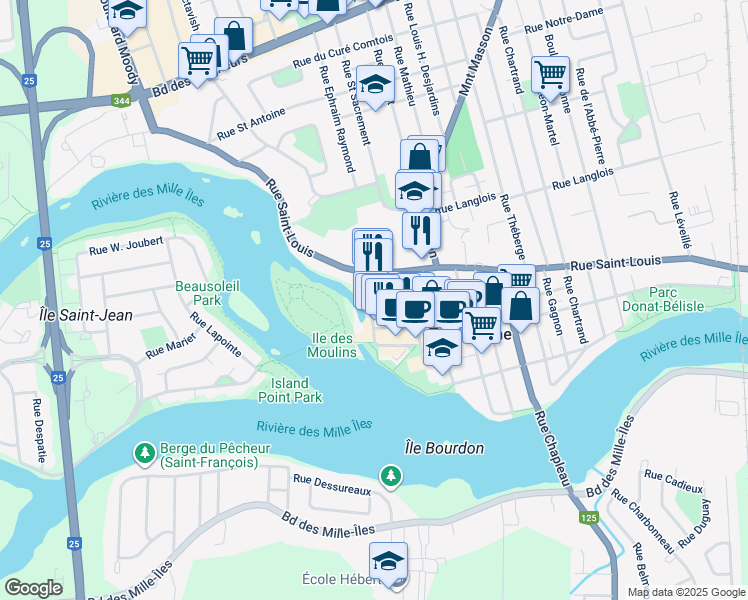 map of restaurants, bars, coffee shops, grocery stores, and more near 255 Boulevard des Braves in Terrebonne