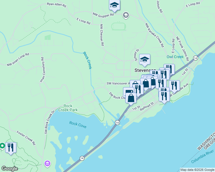 map of restaurants, bars, coffee shops, grocery stores, and more near 547 Southwest Rock Creek Drive in Stevenson