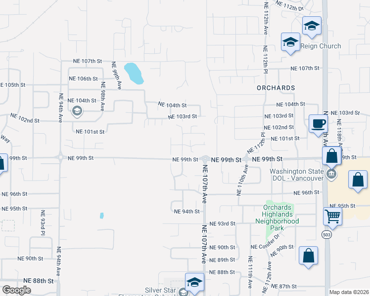 map of restaurants, bars, coffee shops, grocery stores, and more near 10501 Northeast 100th Street in Vancouver