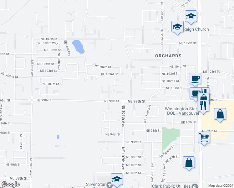 map of restaurants, bars, coffee shops, grocery stores, and more near 10521 Northeast 100th Street in Vancouver