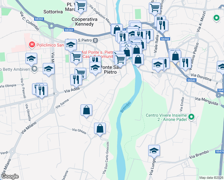 map of restaurants, bars, coffee shops, grocery stores, and more near 6 Via G. Mazzini in Ponte San Pietro