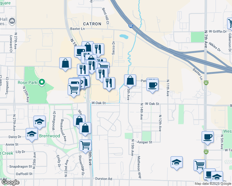 map of restaurants, bars, coffee shops, grocery stores, and more near 1707 West Oak Street in Bozeman