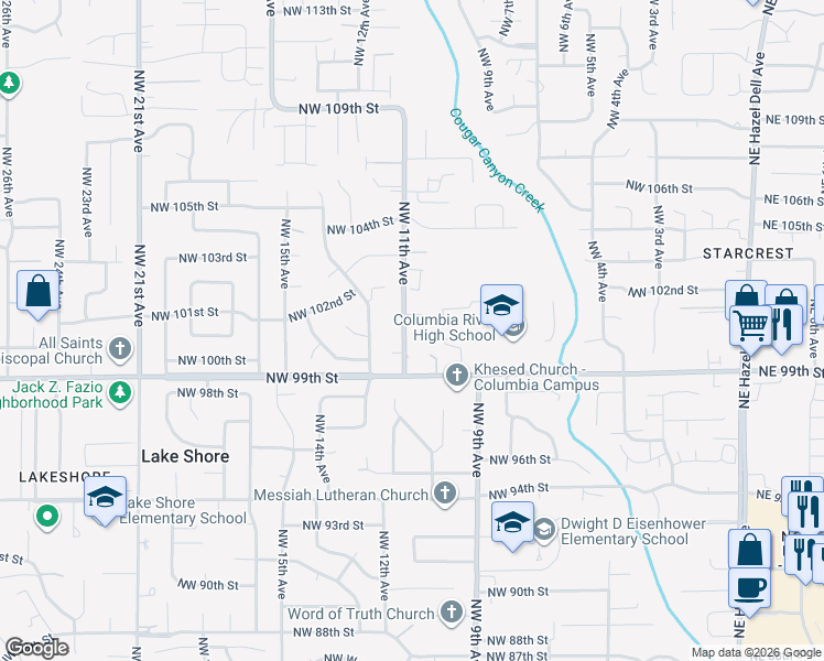 map of restaurants, bars, coffee shops, grocery stores, and more near 10101 Northwest 11th Avenue in Vancouver