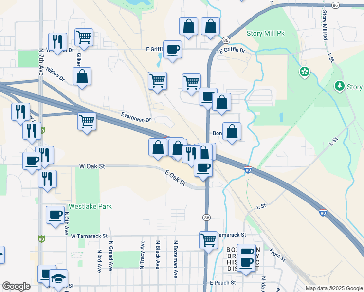 map of restaurants, bars, coffee shops, grocery stores, and more near Interstate 90 in Bozeman