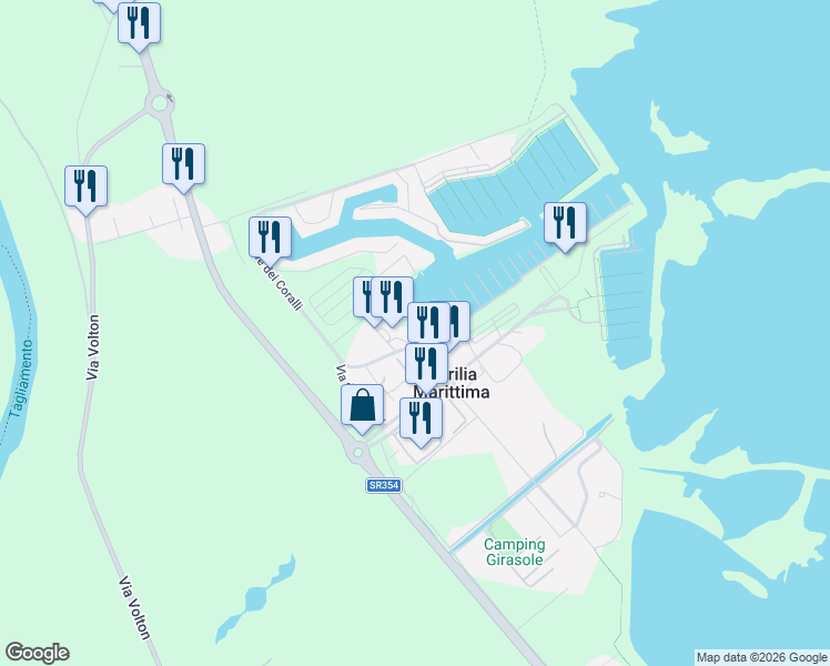 map of restaurants, bars, coffee shops, grocery stores, and more near 4 Piazzetta dell'Imbarcadero in Aprilia Marittima