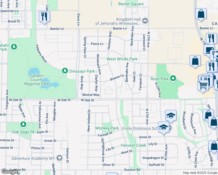 map of restaurants, bars, coffee shops, grocery stores, and more near 1547 Hunters Way in Bozeman