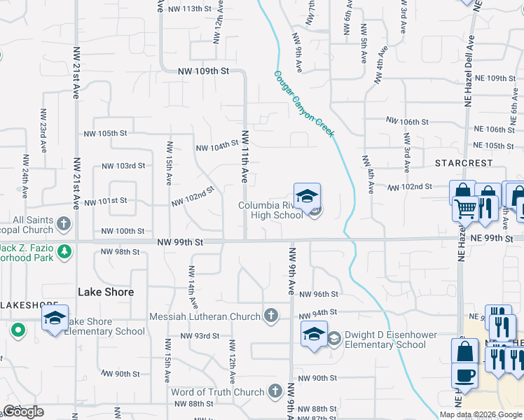 map of restaurants, bars, coffee shops, grocery stores, and more near 10107 Northwest 11th Avenue in Vancouver