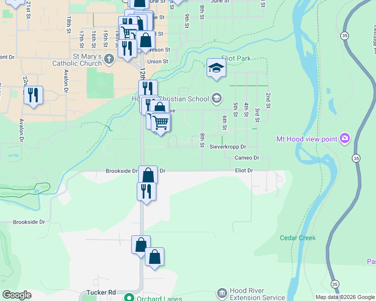 map of restaurants, bars, coffee shops, grocery stores, and more near 823 Sieverkropp Drive in Hood River