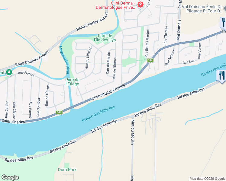 map of restaurants, bars, coffee shops, grocery stores, and more near Chemin Saint-Charles in Terrebonne